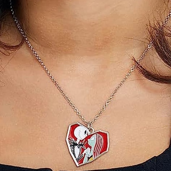 Jack Sally Skellington Heart Necklace Earrings Set Nightmare Before Christmas - Picture 8 of 9